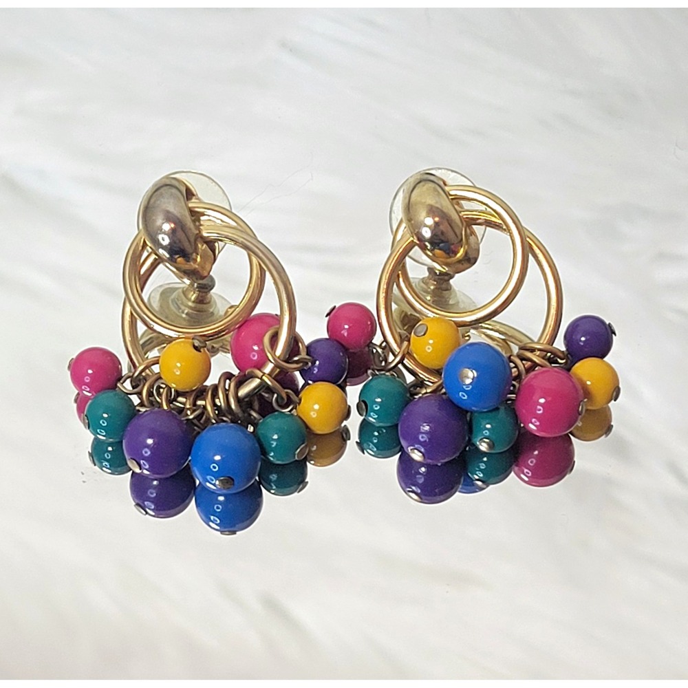 Women's Vintage 80s Gold Tone Multicolor Beaded Round Dangle Drop Earrings
